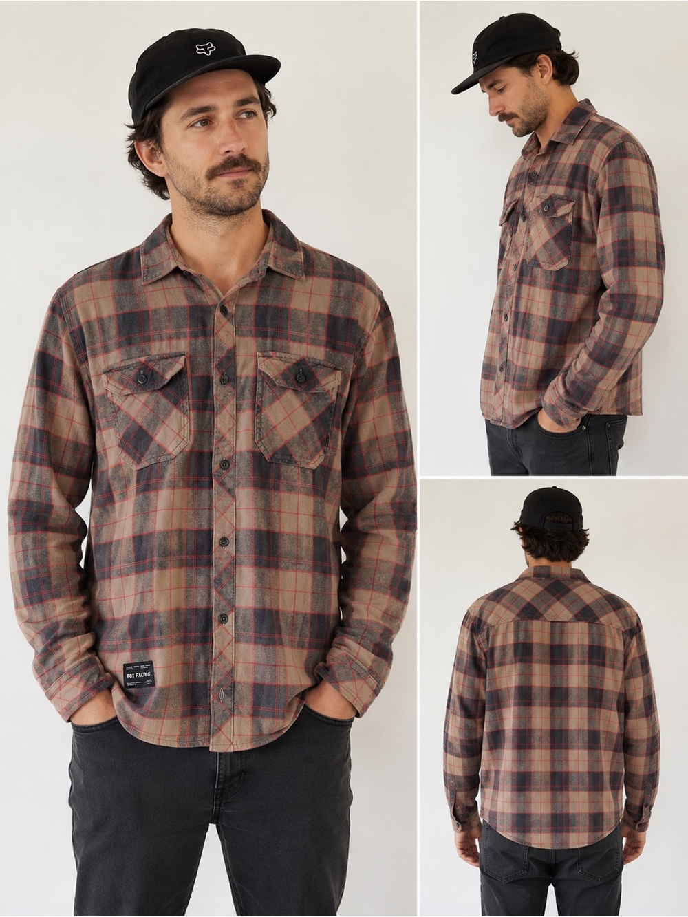 Fox Racing Plaid Button-Up Shirt in Black and Brown with Red Accents
